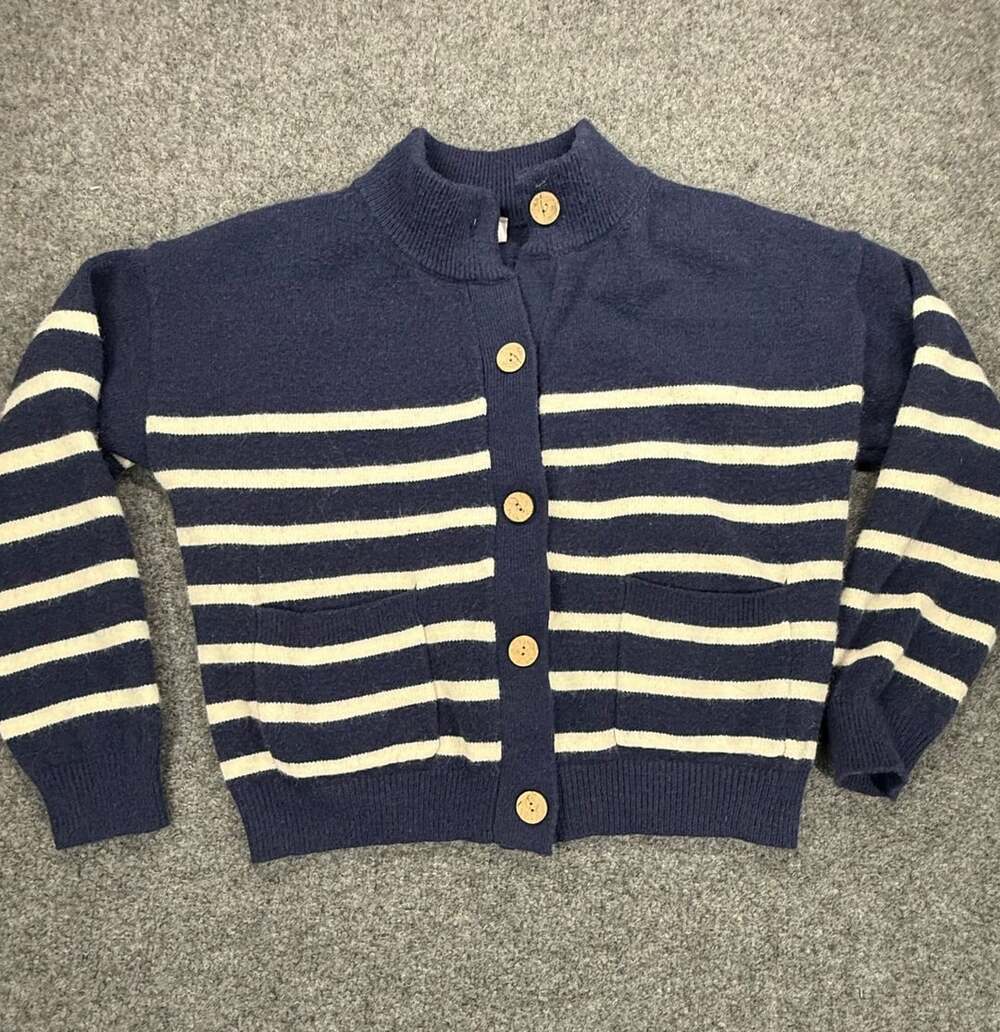 Cielo Navy and White Striped Button-Front Cardigan with Pockets